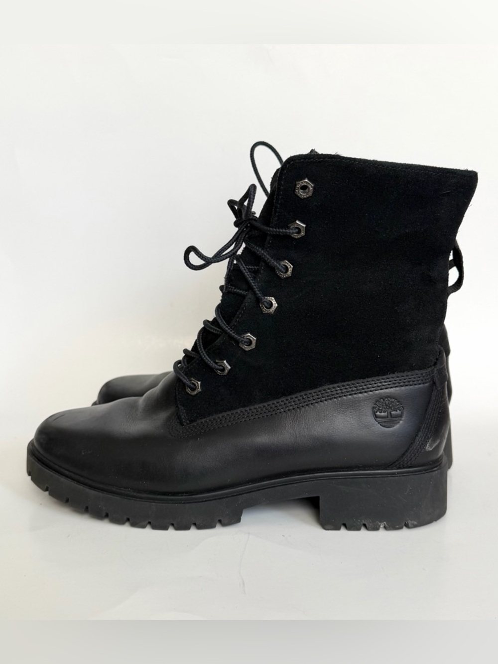 Timberland Black Leather Jayne Teddy Fleece Lined Combat Boots Size 8 Women's
